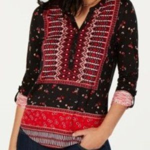 Style & Co Petite Holiday Muse Split-Neck Roll-Tab-Sleeve Top